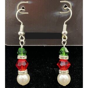 Handmade Faux Pearl Red & Green Crystal Bead Silver Tone Earrings by Neanie-Bot